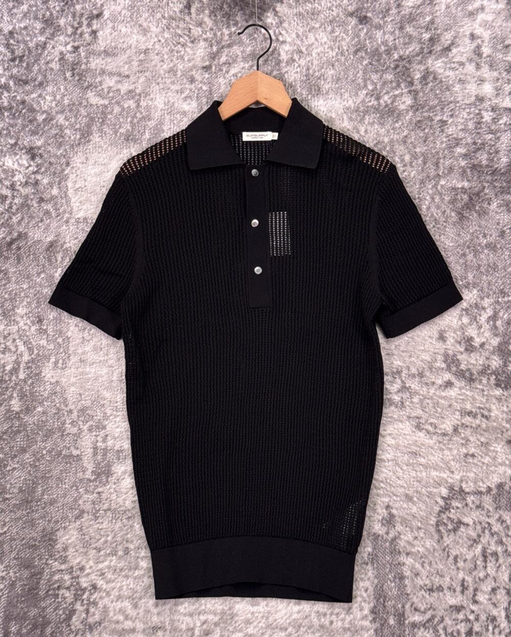 New SUITSUPPLY Crochet Polo Shirt Small Mens Black Cotton Silk